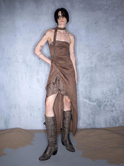 Plaid Patchwork Asymmetric Bustier Dress With Detachable Collar