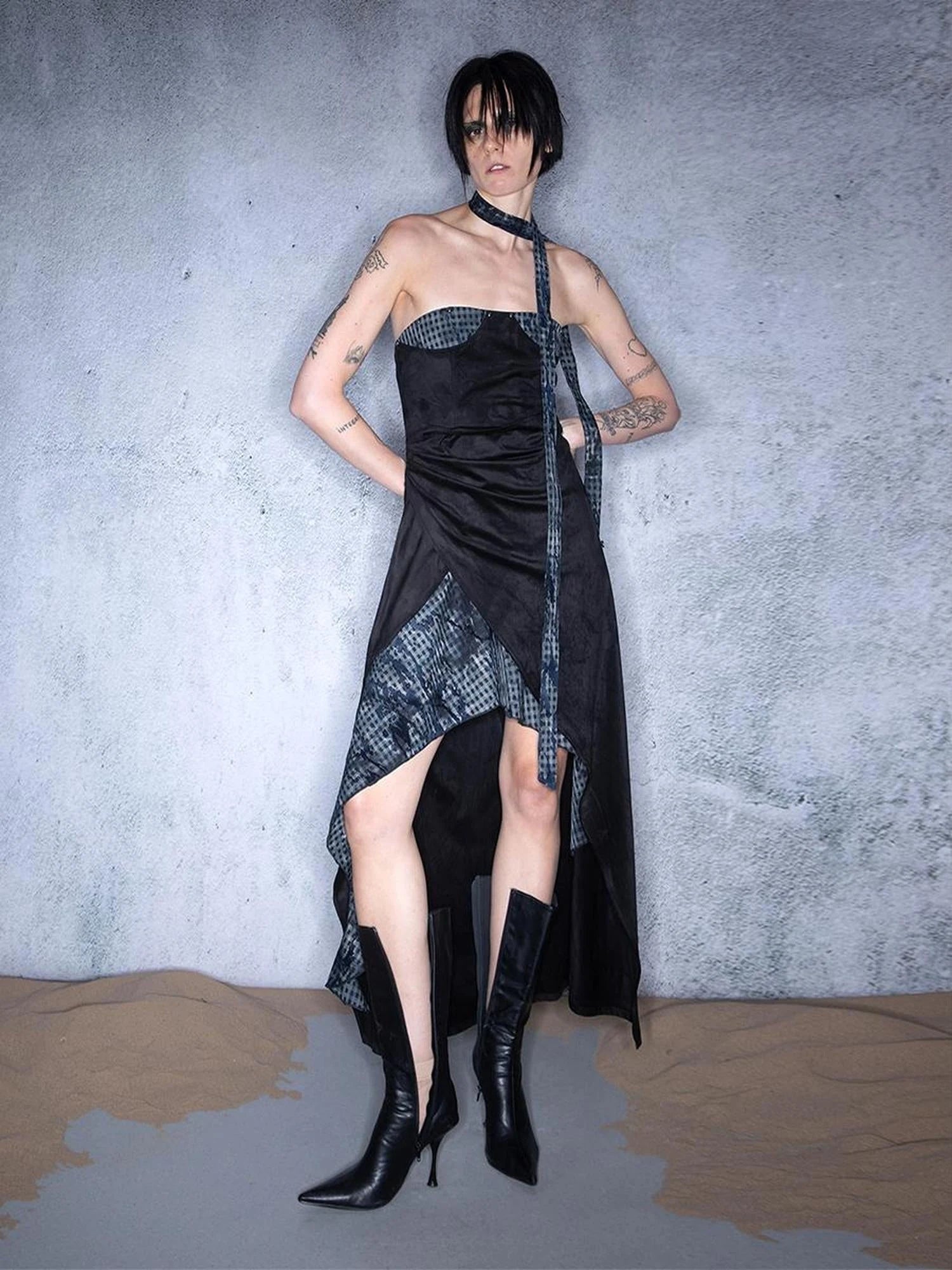 Plaid Patchwork Asymmetric Bustier Dress With Detachable Collar