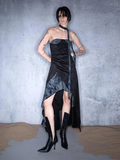 Plaid Patchwork Asymmetric Bustier Dress With Detachable Collar