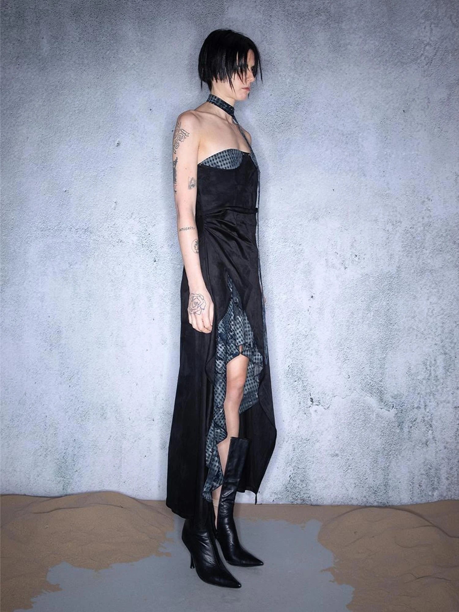 Plaid Patchwork Asymmetric Bustier Dress With Detachable Collar