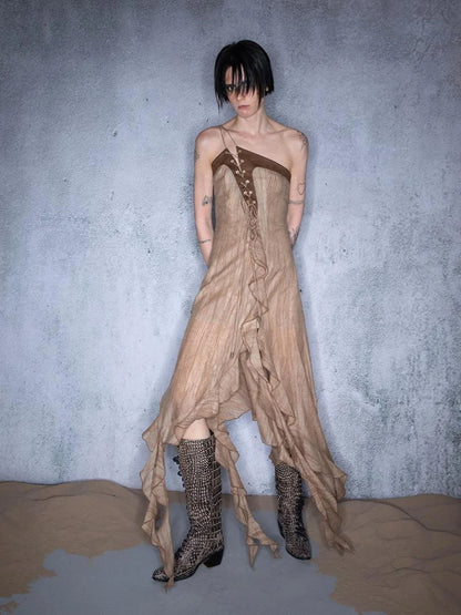 Pleated Asymmetric Tie Detail Nomad Dress V-neck T-shirt Long Sleeve