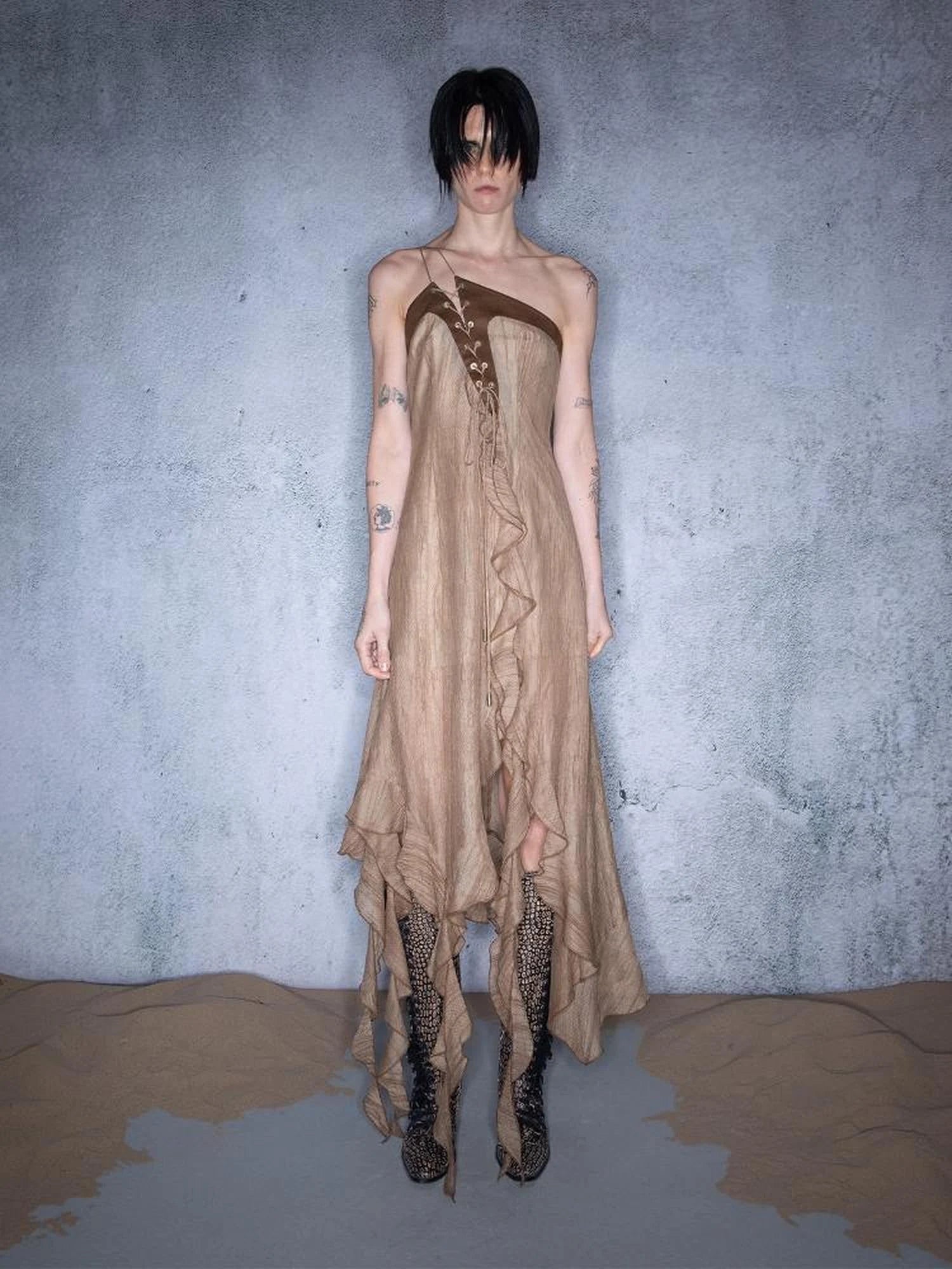 Pleated Asymmetric Tie Detail Nomad Dress V-neck T-shirt Long Sleeve