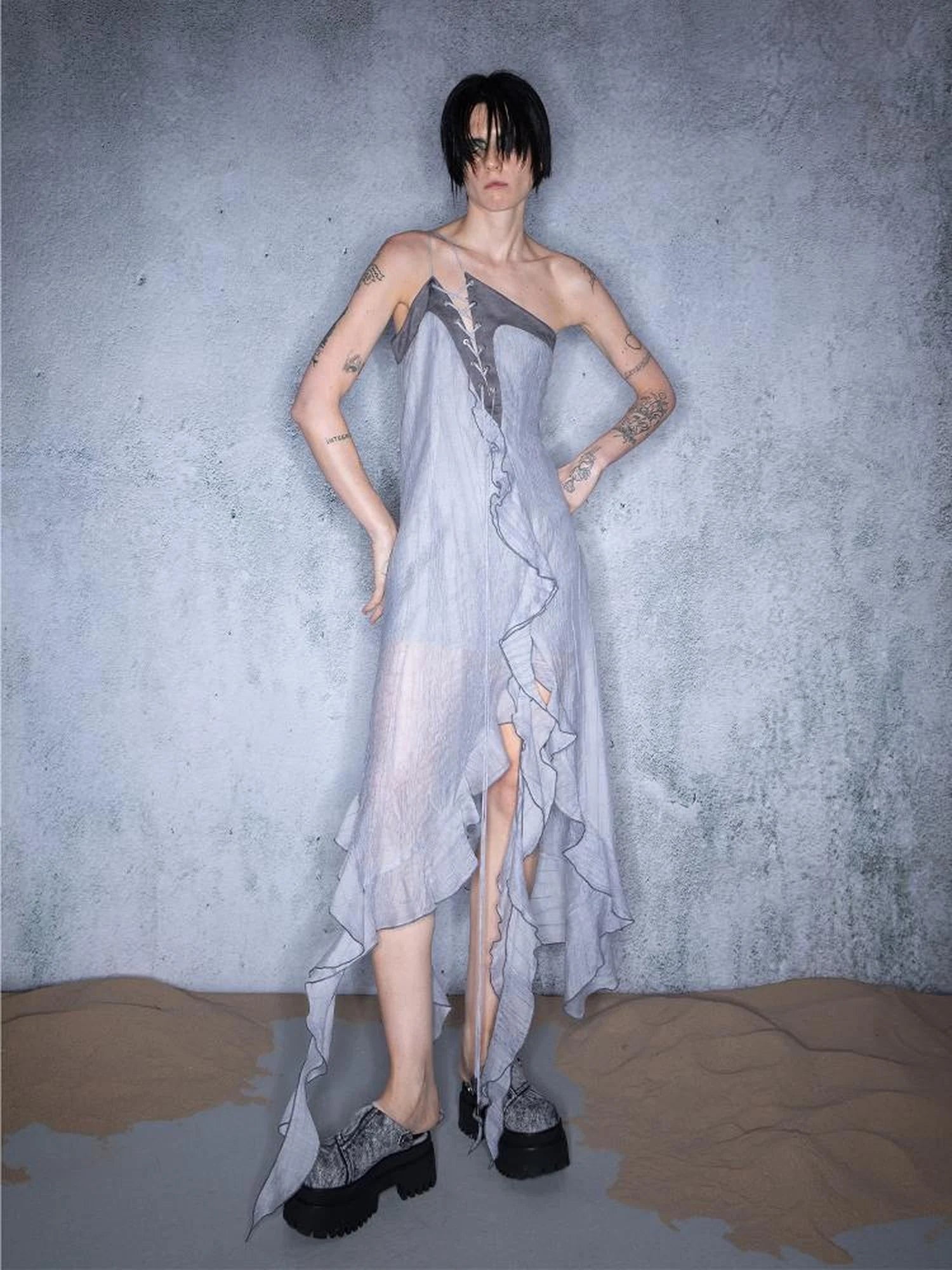 Pleated Asymmetric Tie Detail Nomad Dress V-neck T-shirt Long Sleeve