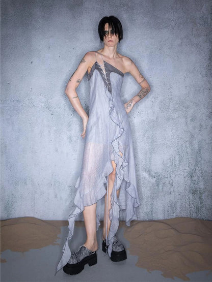 Pleated Asymmetric Tie Detail Nomad Dress V-neck T-shirt Long Sleeve