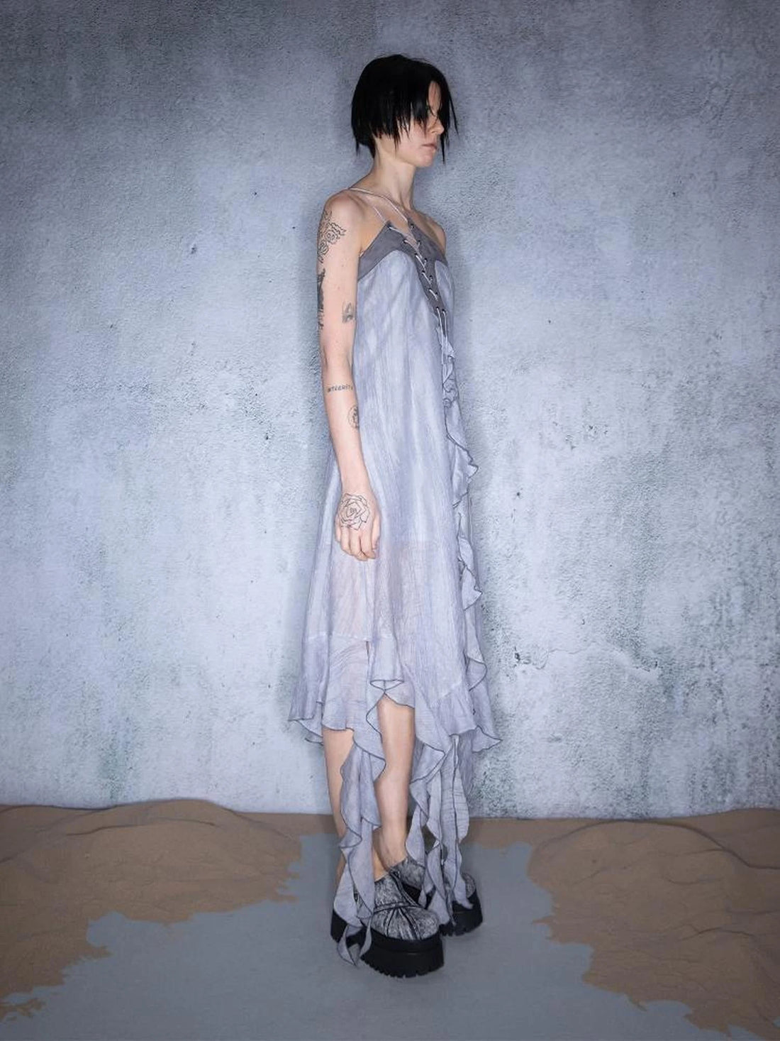 Pleated Asymmetric Tie Detail Nomad Dress V-neck T-shirt Long Sleeve