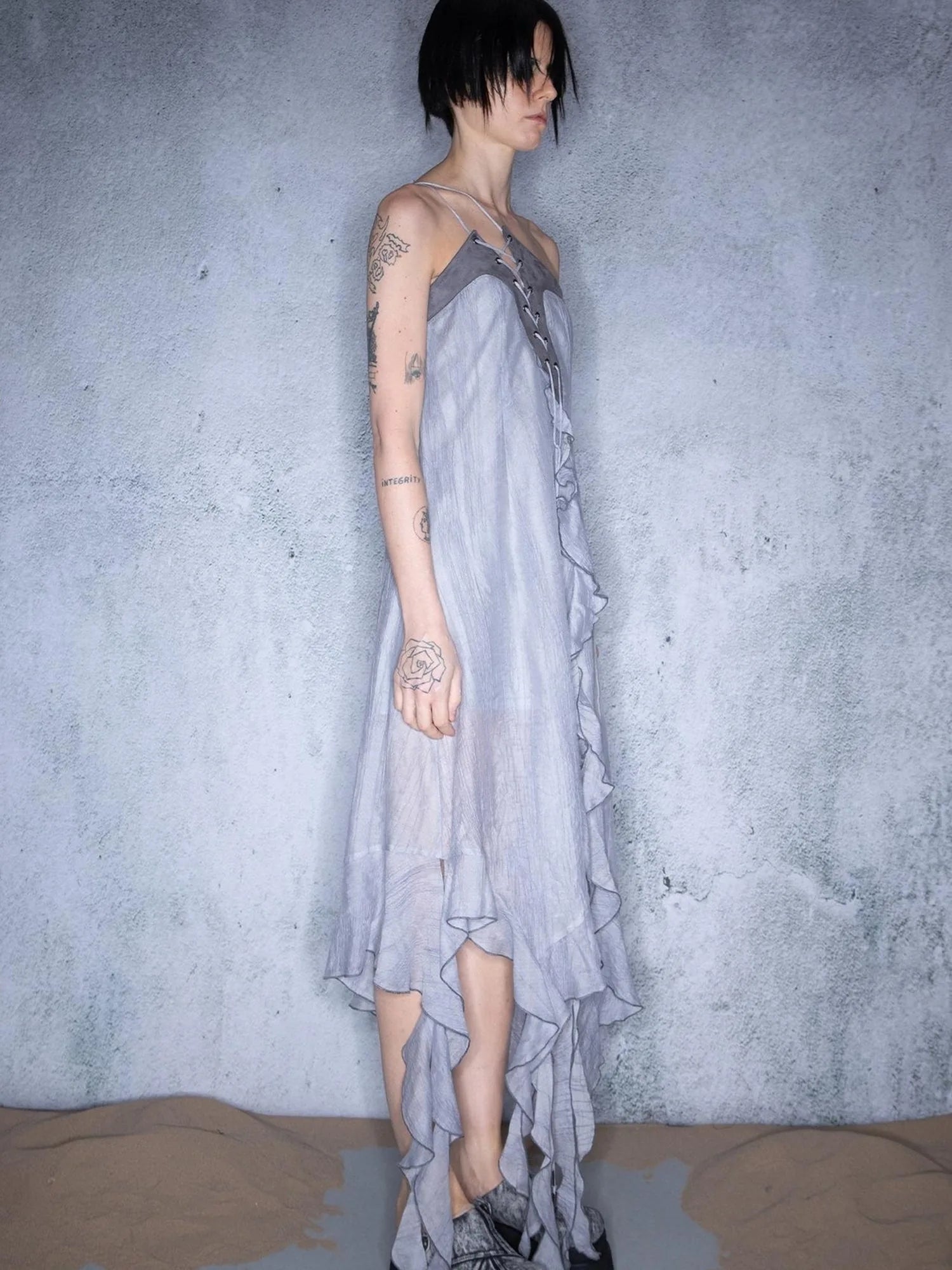 Pleated Asymmetric Tie Detail Nomad Dress V-neck T-shirt Long Sleeve