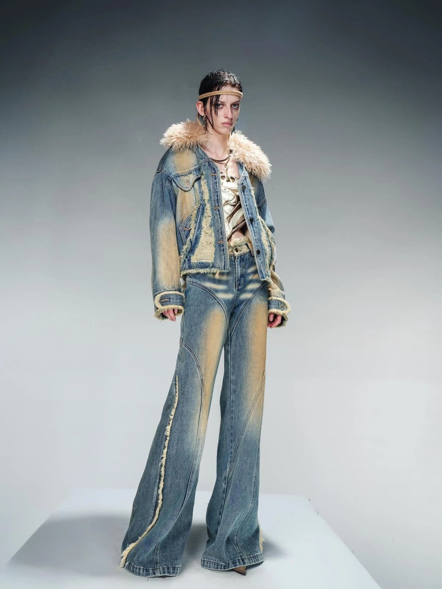 Quilted Denim Jacket With Fur Trim