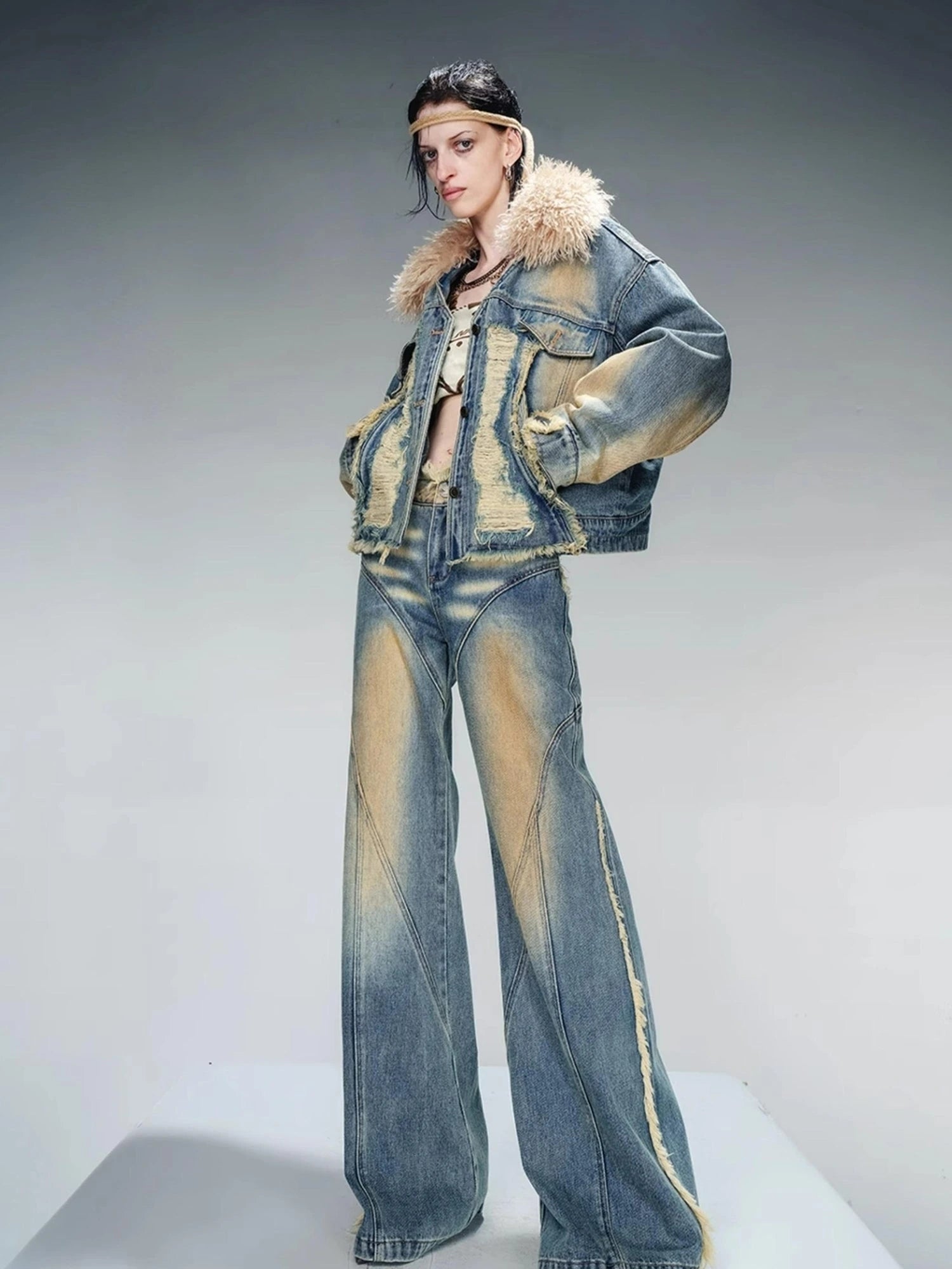 Quilted Denim Jacket With Fur Trim