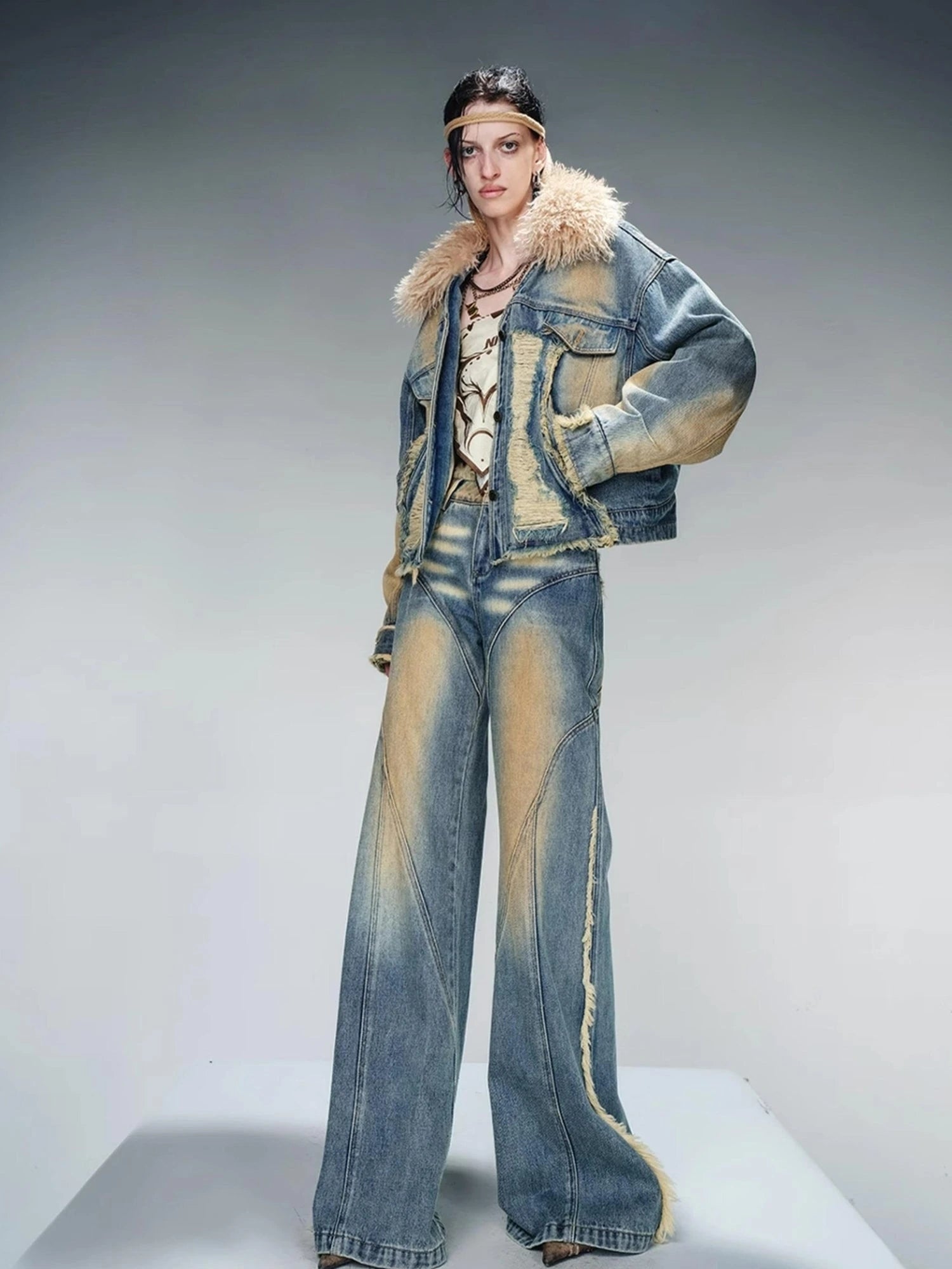 Quilted Denim Jacket With Fur Trim