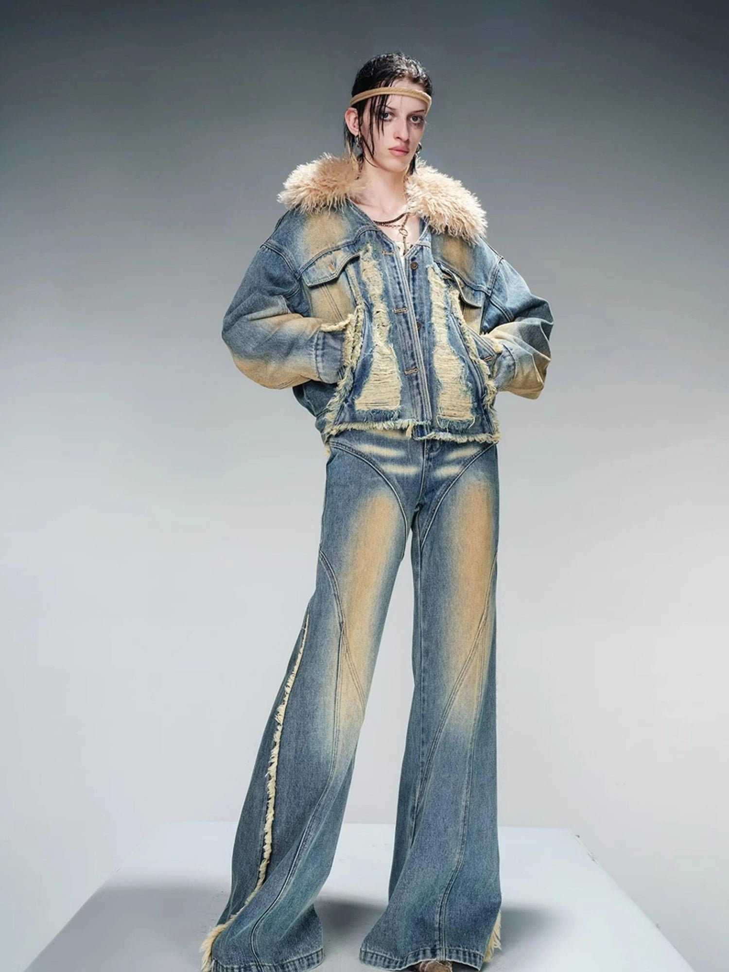 Quilted Denim Jacket With Fur Trim
