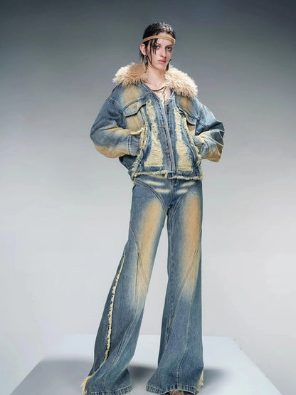 Quilted Denim Jacket With Fur Trim