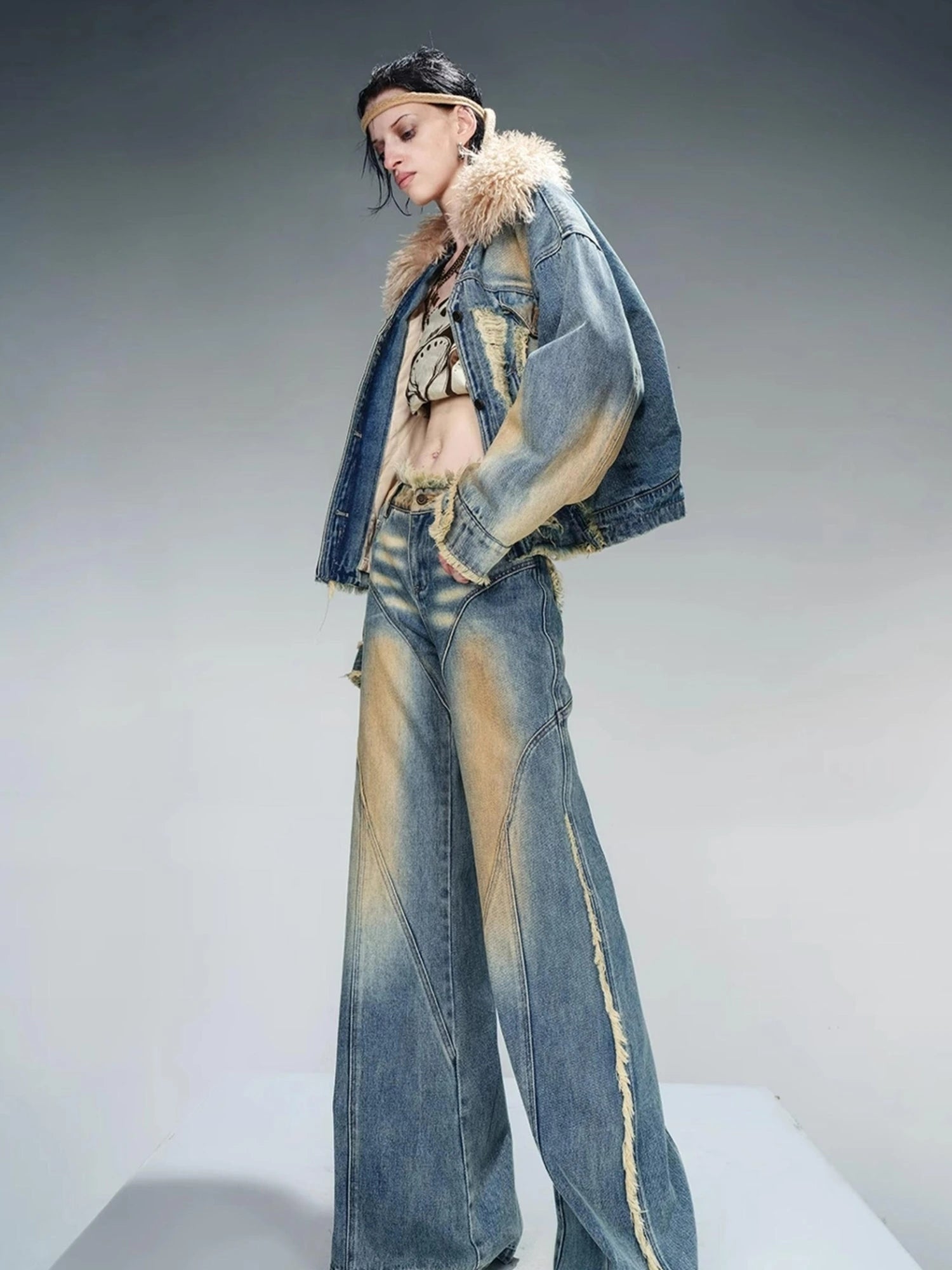 Quilted Denim Jacket With Fur Trim