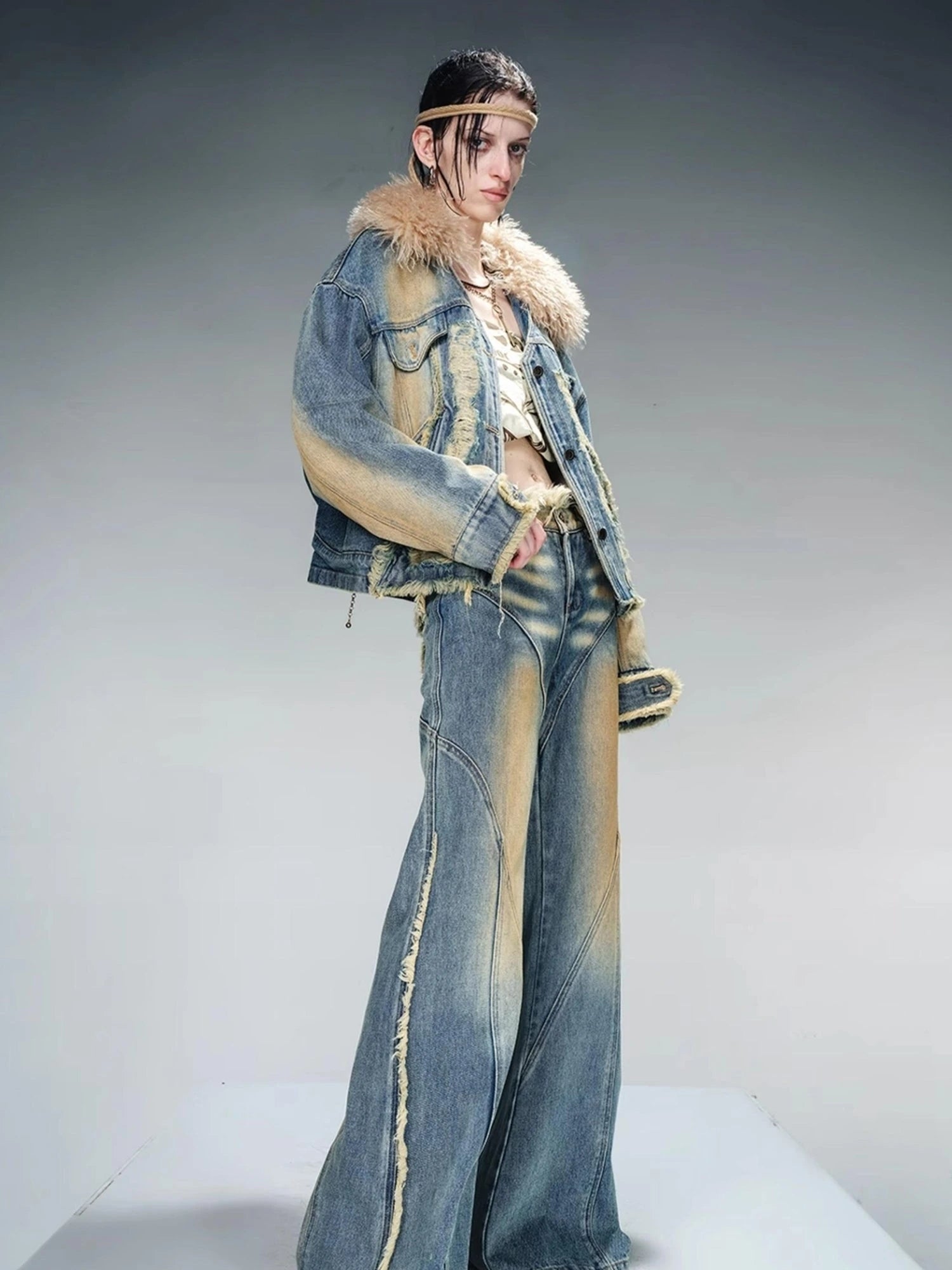 Quilted Denim Jacket With Fur Trim