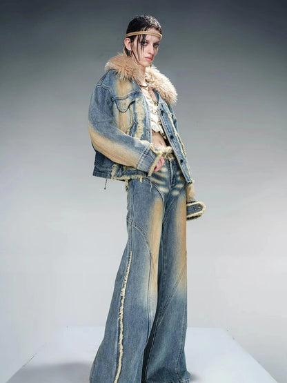 Quilted Denim Jacket With Fur Trim