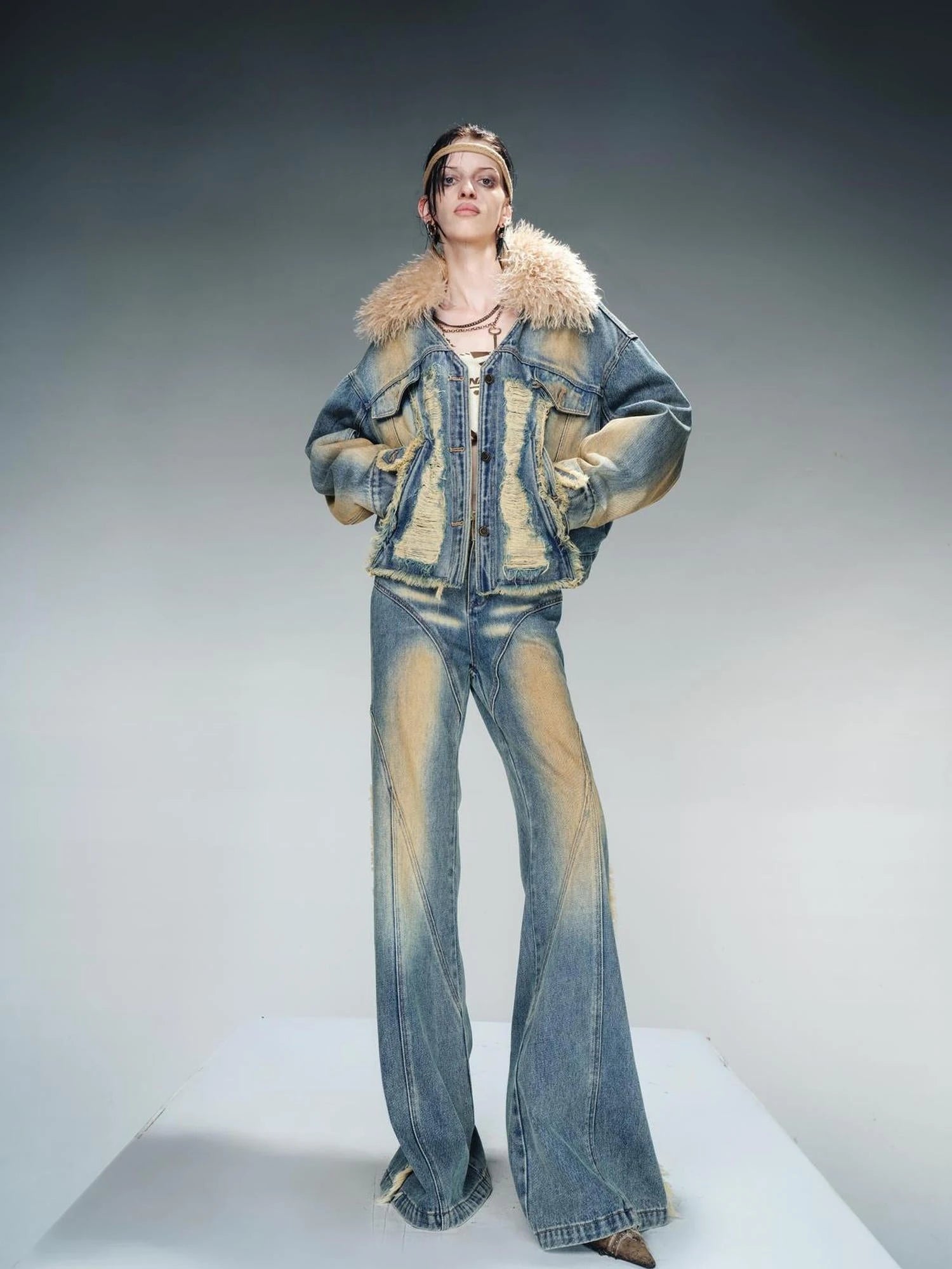 Quilted Denim Jacket With Fur Trim