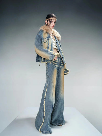 Quilted Denim Jacket With Fur Trim