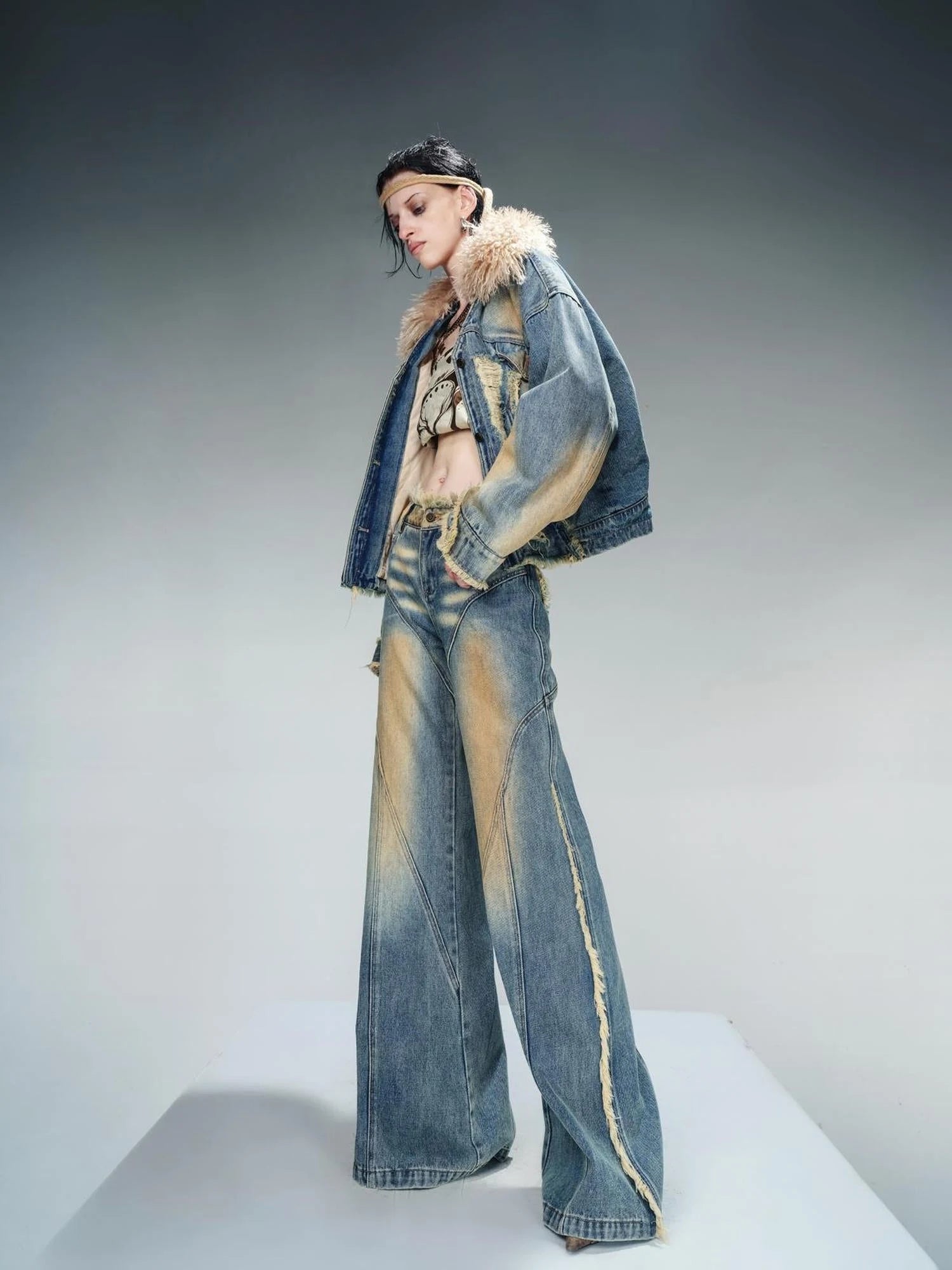 Quilted Denim Jacket With Fur Trim