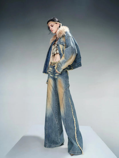 Quilted Denim Jacket With Fur Trim