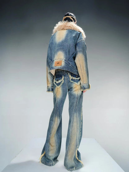Quilted Denim Jacket With Fur Trim
