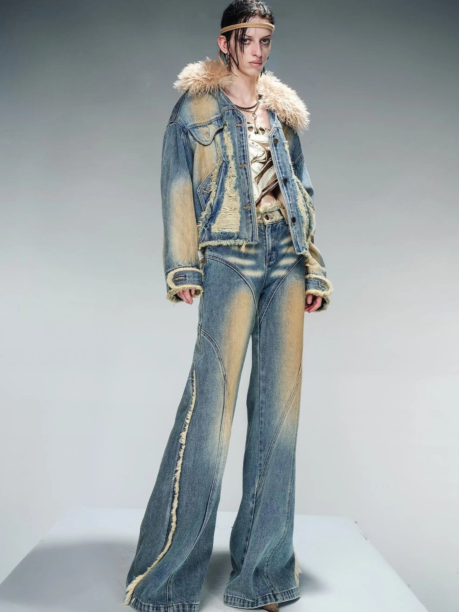 Quilted Denim Jacket With Fur Trim