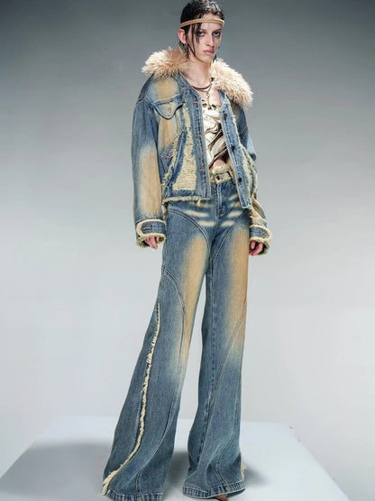 Quilted Denim Jacket With Fur Trim