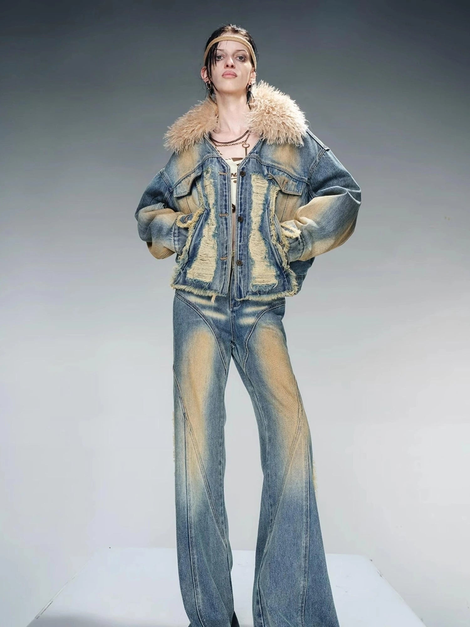 Quilted Denim Jacket With Fur Trim