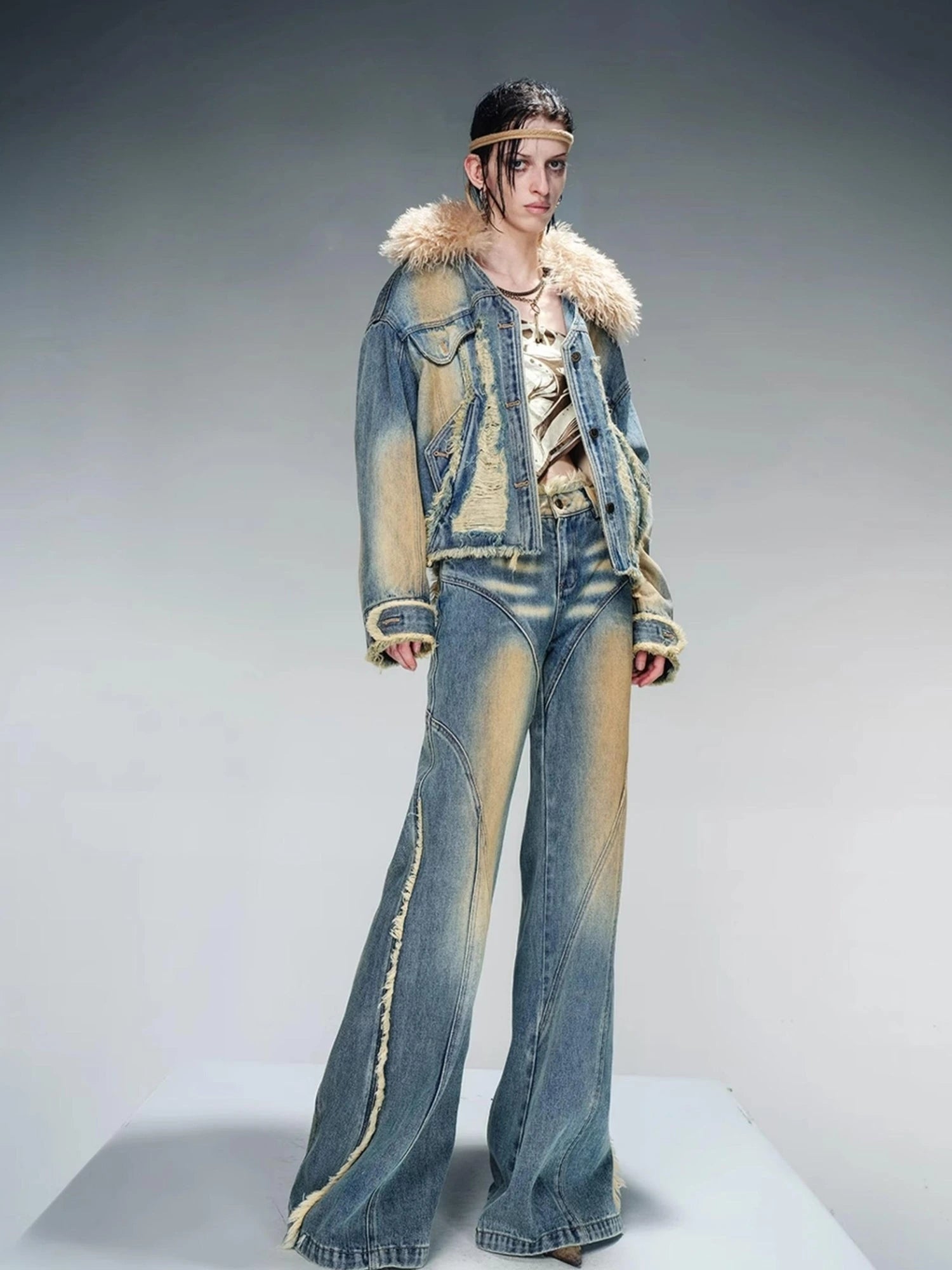 Quilted Denim Jacket With Fur Trim