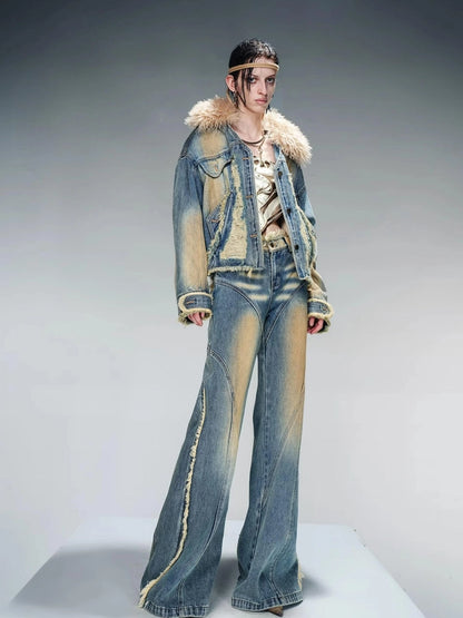 Quilted Denim Jacket With Fur Trim