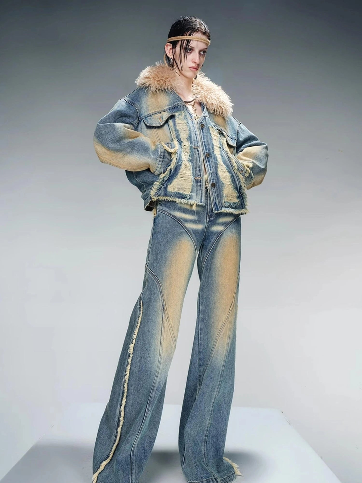 Quilted Denim Jacket With Fur Trim