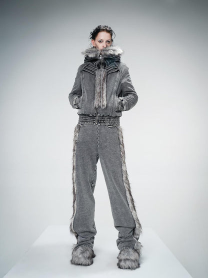 UpdateNN NORTH NODE Quilted Hooded Short Jacket With Fur Trim And Washed Texture