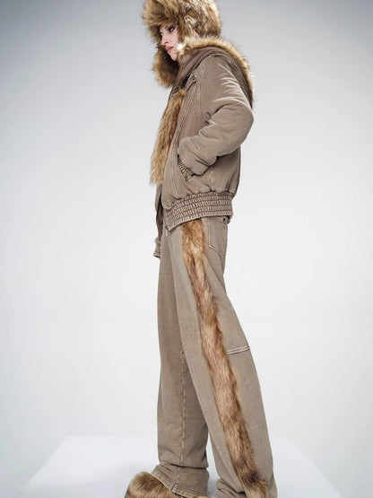 UpdateNN NORTH NODE Quilted Hooded Short Jacket With Fur Trim And Washed Texture