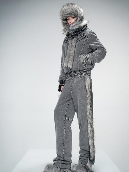 UpdateNN NORTH NODE Quilted Hooded Short Jacket With Fur Trim And Washed Texture