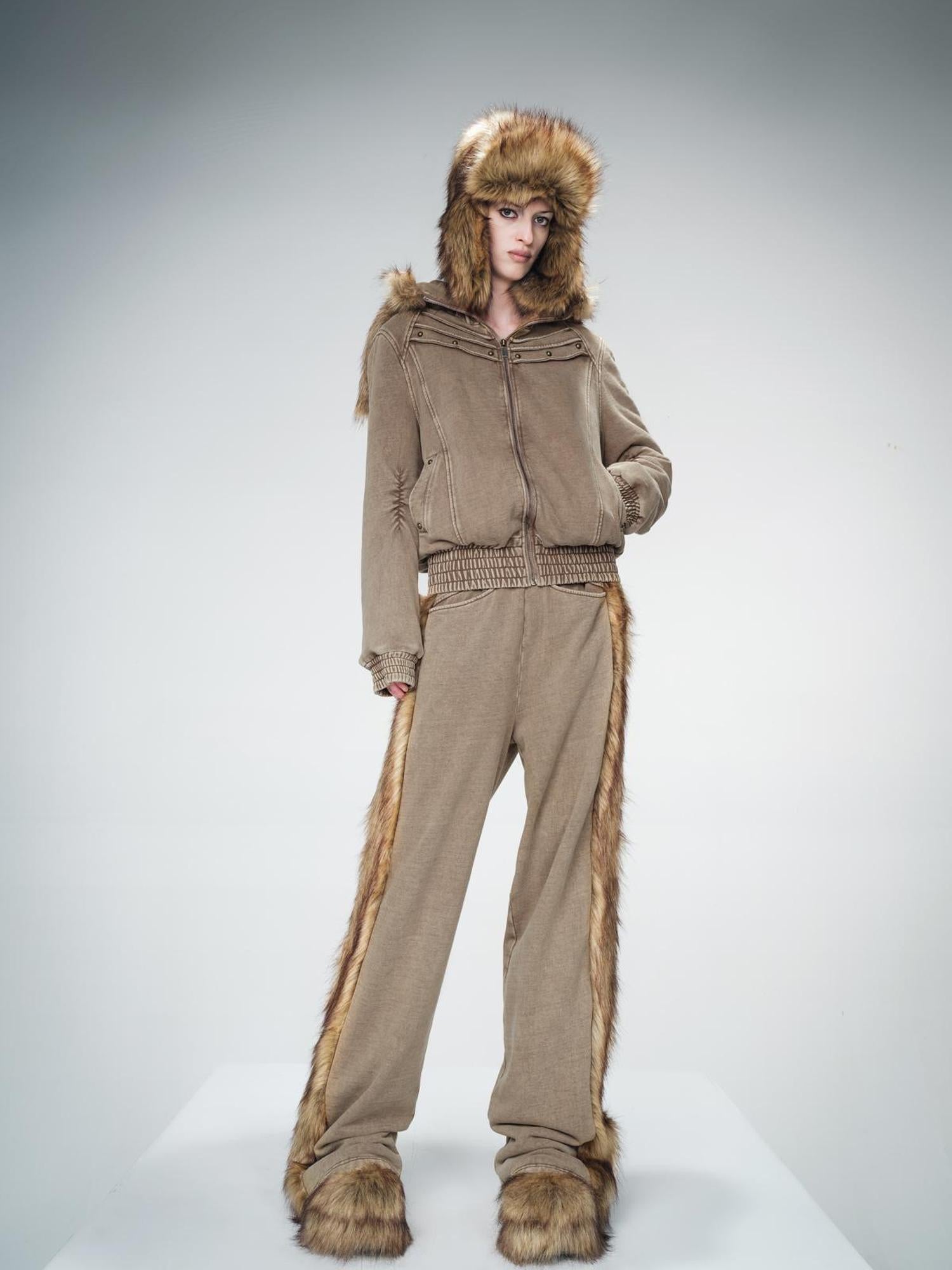 UpdateNN NORTH NODE Quilted Hooded Short Jacket With Fur Trim And Washed Texture