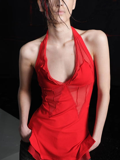 Red Mesh Halter Top And Culottes Set