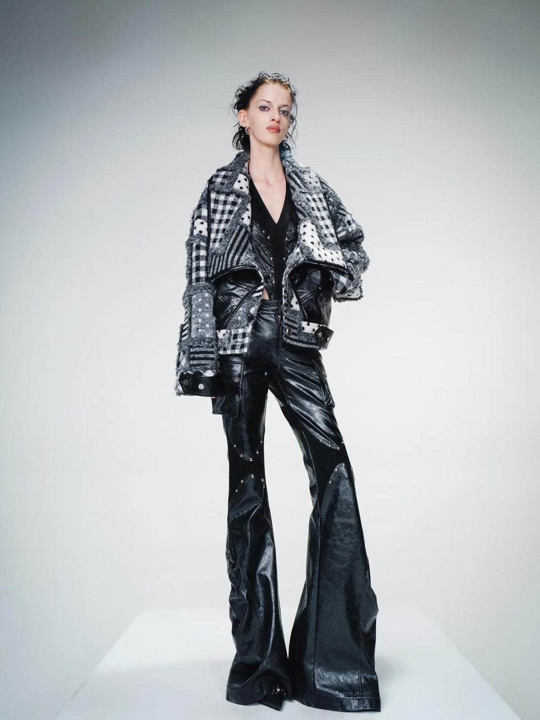 UpdateNN NORTH NODE Retro Patterned Quilted Tweed And Leather Short Jacket