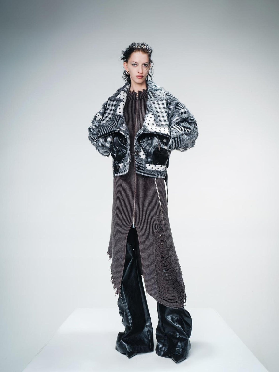 UpdateNN NORTH NODE Retro Patterned Quilted Tweed And Leather Short Jacket