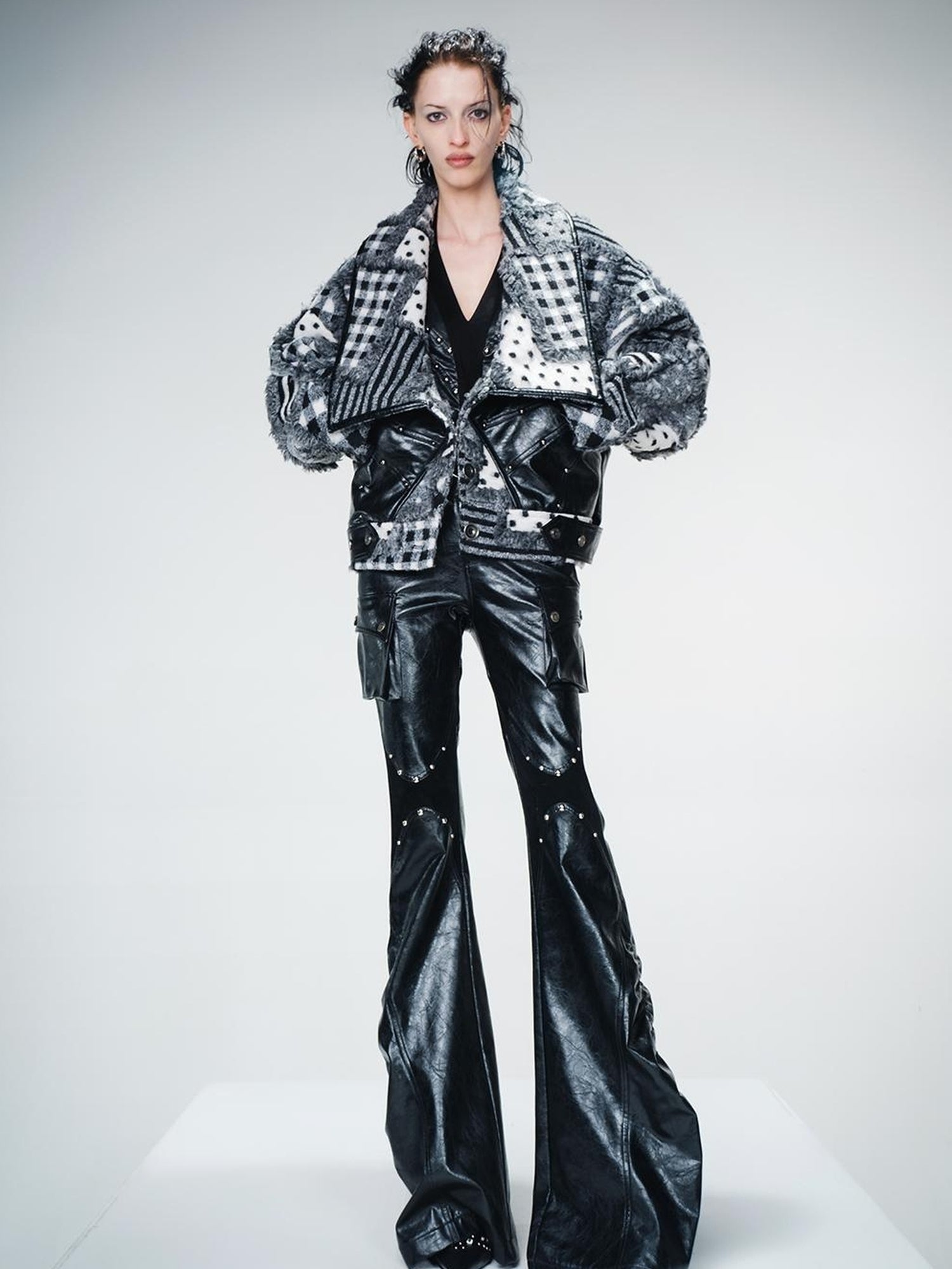 UpdateNN NORTH NODE Retro Patterned Quilted Tweed And Leather Short Jacket
