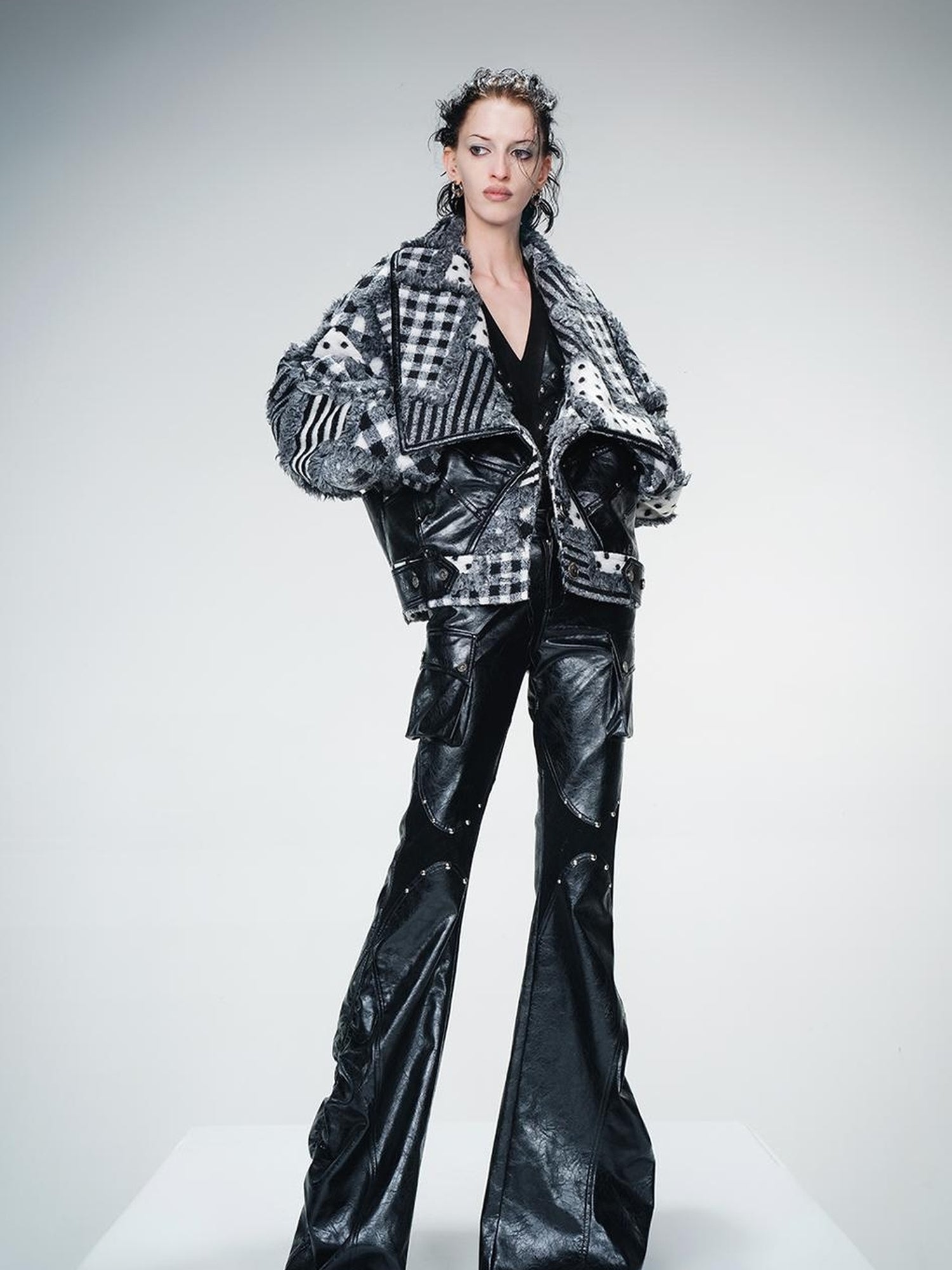 UpdateNN NORTH NODE Retro Patterned Quilted Tweed And Leather Short Jacket