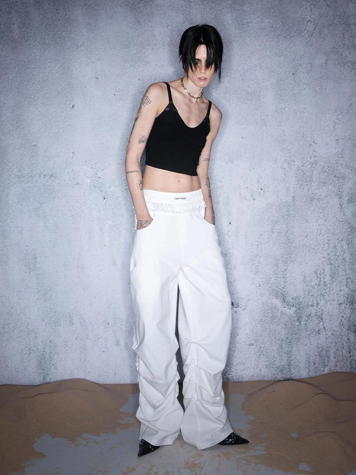 Ripple Overlap Washed Pleated Wide Leg Trousers