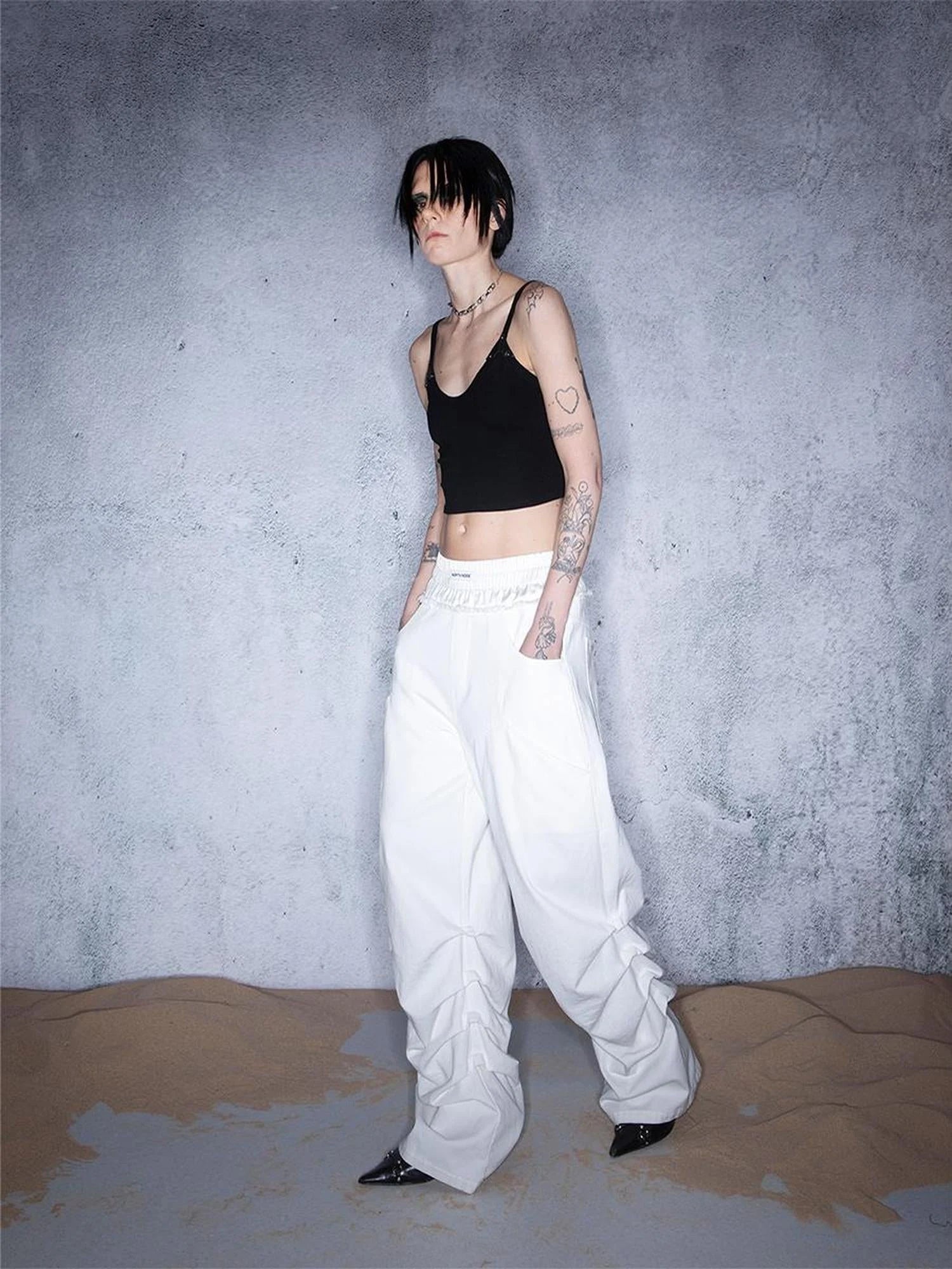 Ripple Overlap Washed Pleated Wide Leg Trousers