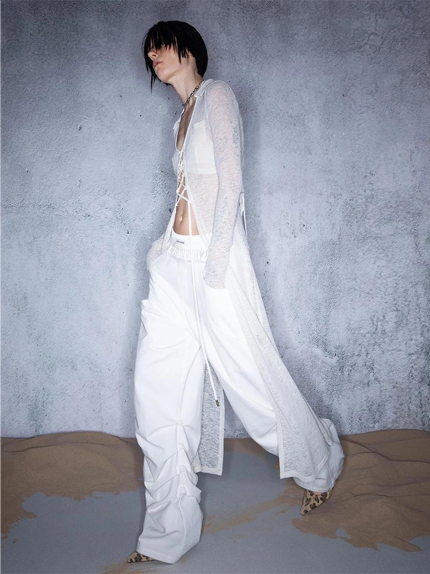 Ripple Overlap Washed Pleated Wide Leg Trousers