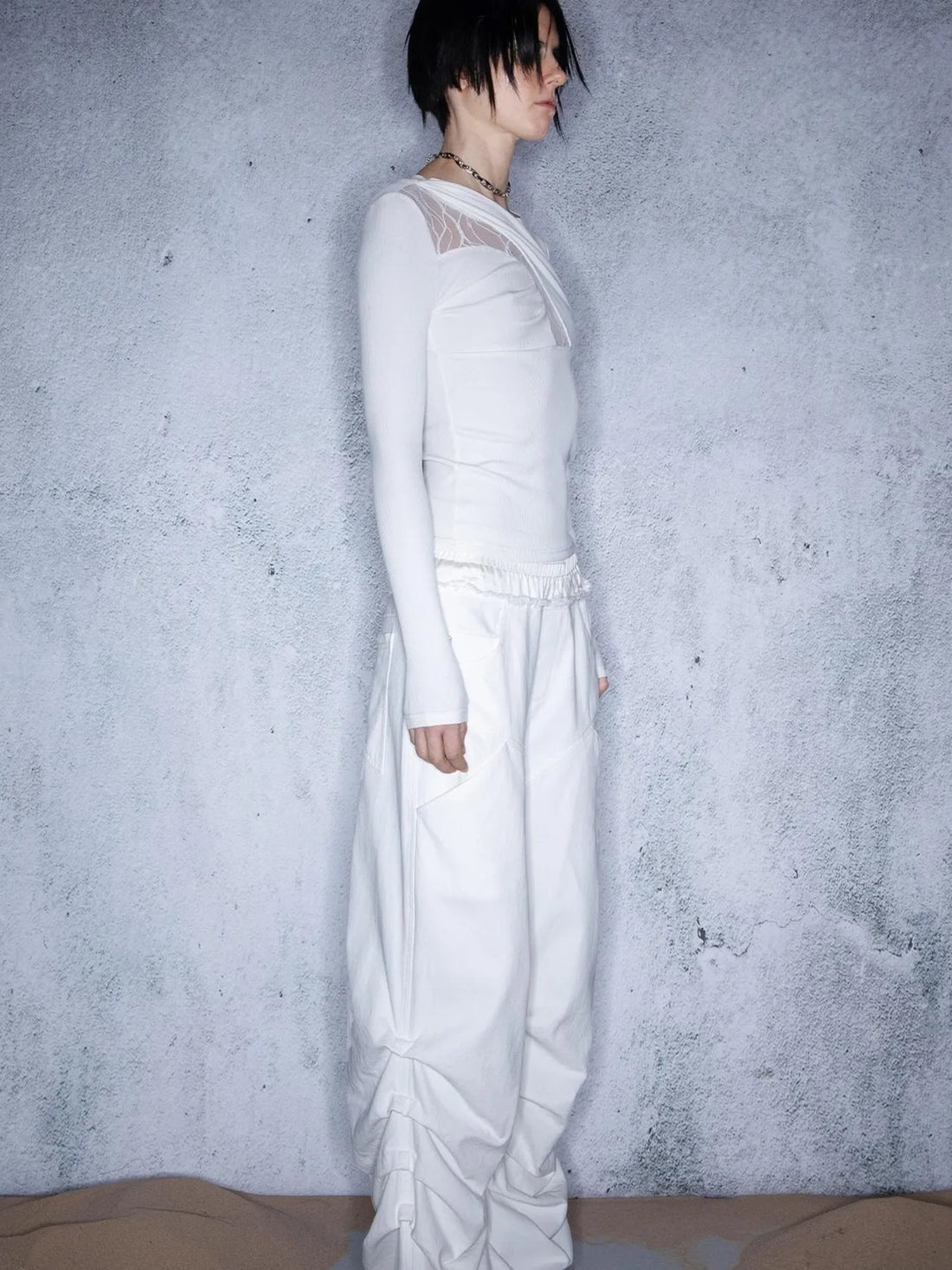 Ripple Overlap Washed Pleated Wide Leg Trousers