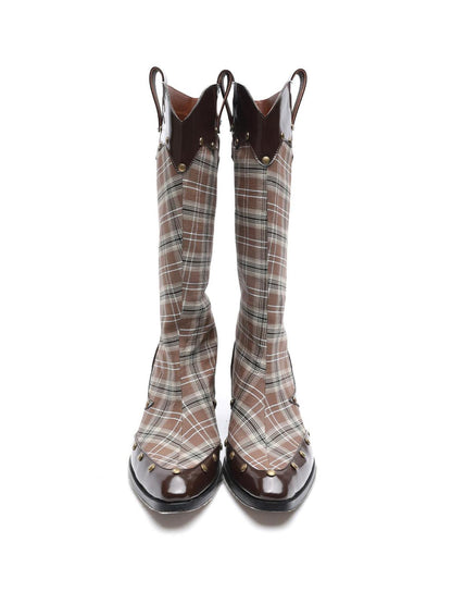 UpdateNN NORTH NODE Rivet Studded Checkered Mid Calf Boots