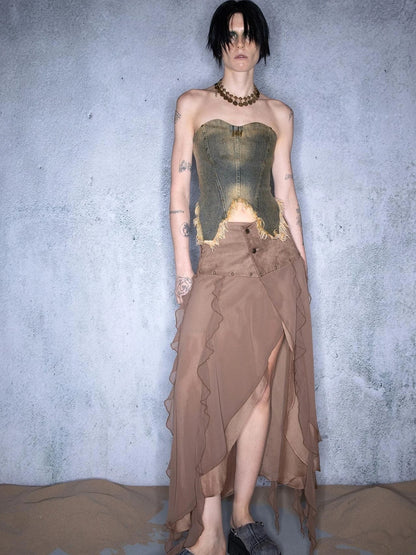 Riveted Distressed Denim Bandeau Top