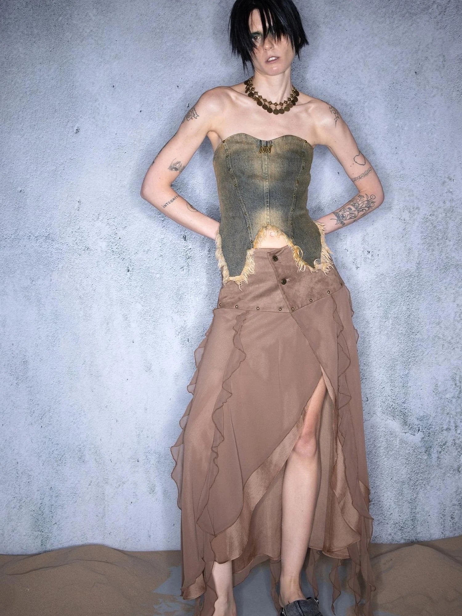 Riveted Distressed Denim Bandeau Top