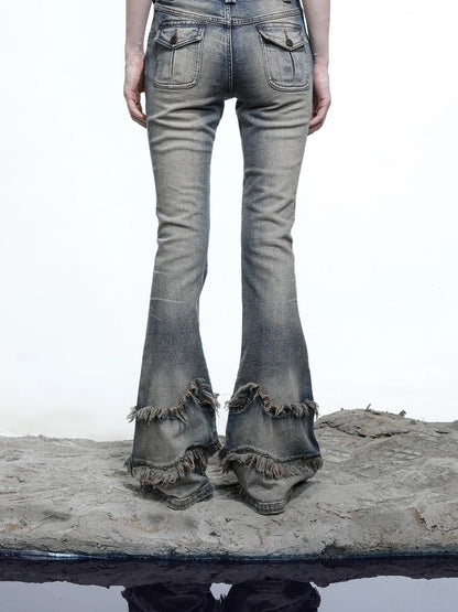 Ruffle Wash Flared Denim Trousers