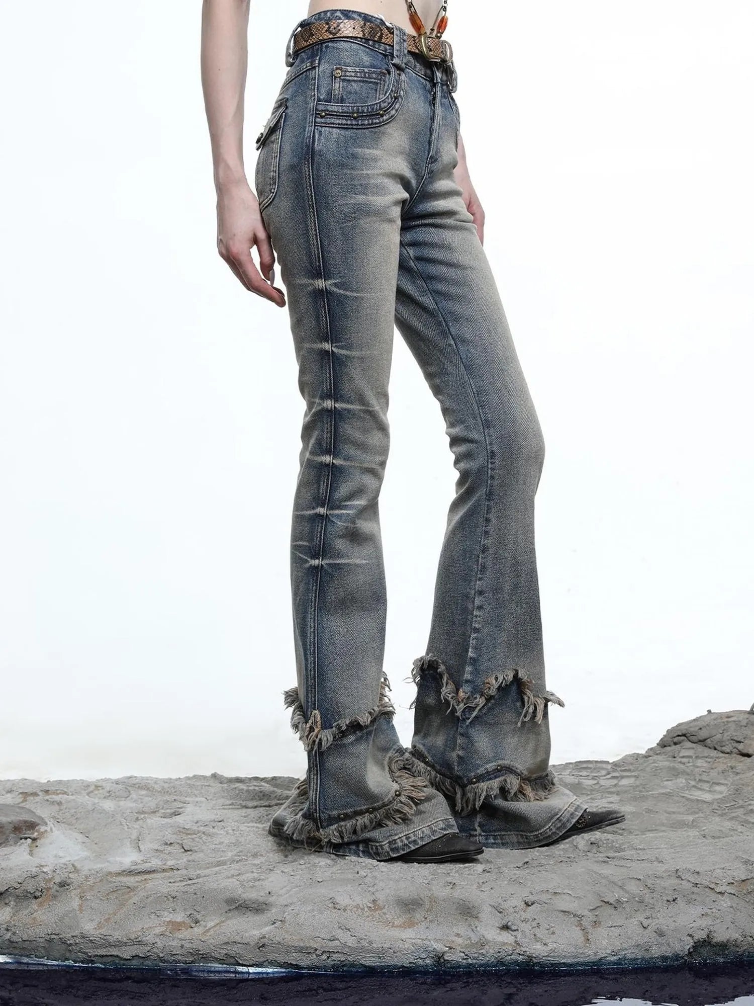 Ruffle Wash Flared Denim Trousers