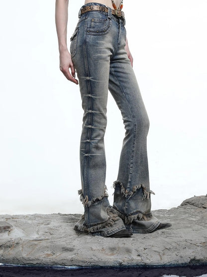 Ruffle Wash Flared Denim Trousers