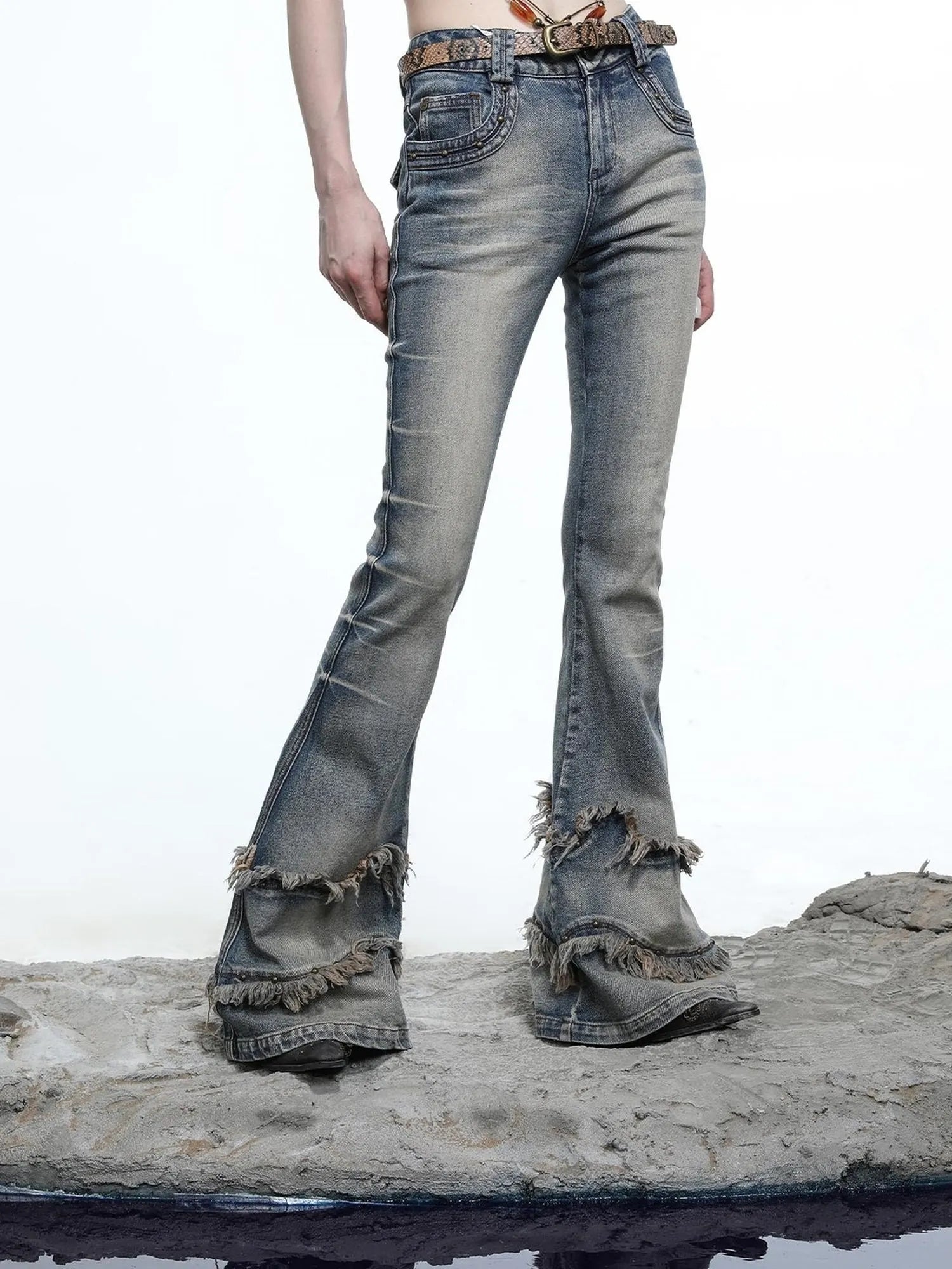 Ruffle Wash Flared Denim Trousers