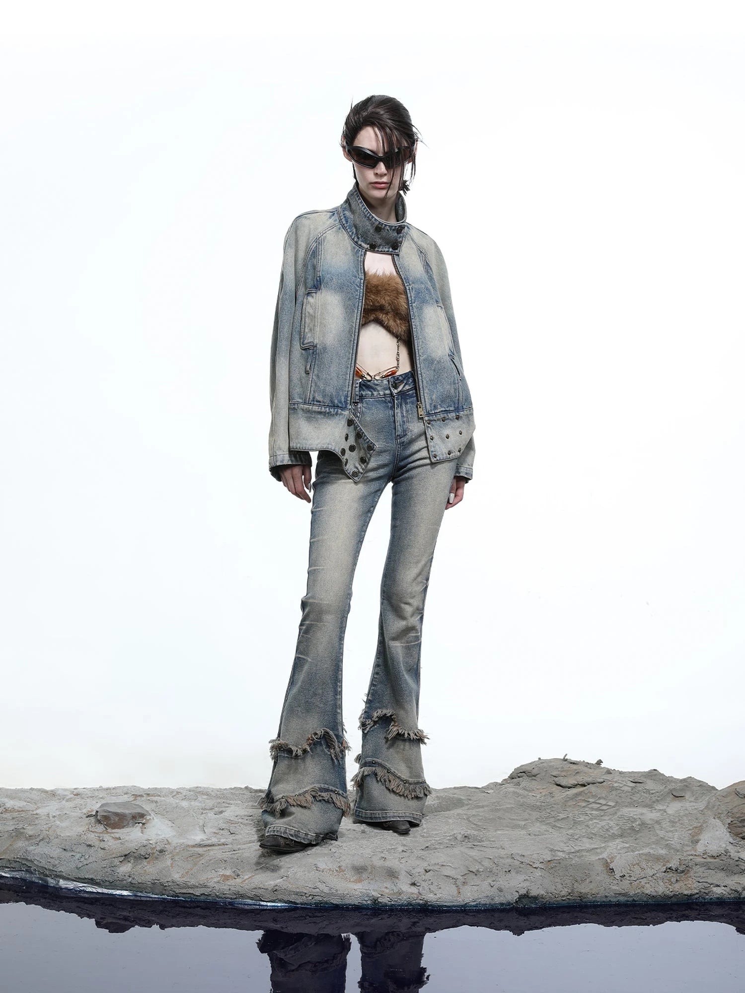 Ruffle Wash Flared Denim Trousers